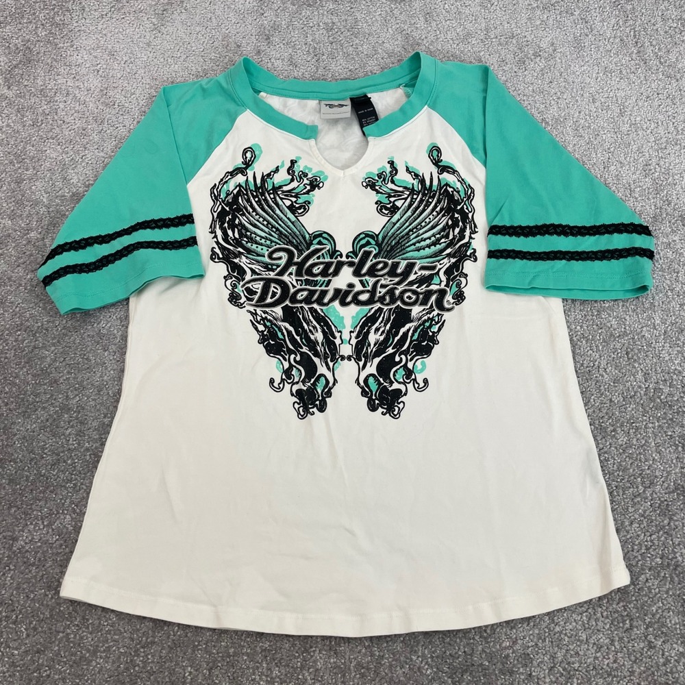 Harley Davidson Womens XL Y2K Raglan Graphic Teal Cream Wing Bedazzled Lace Top